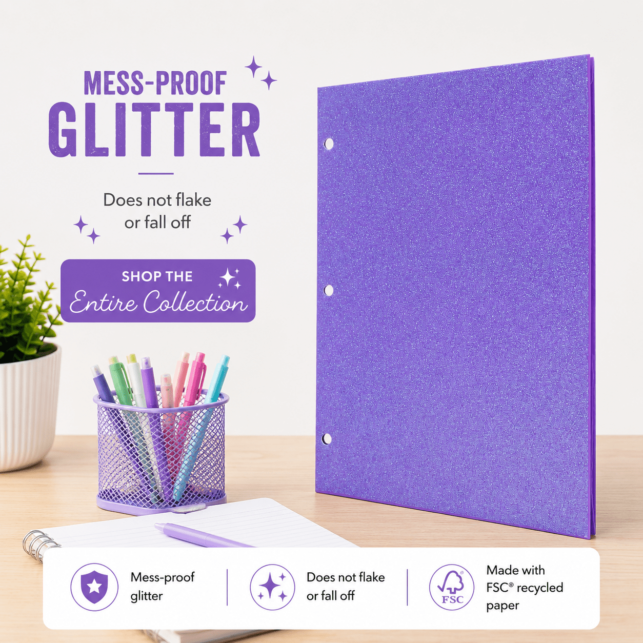Ecokind Mess-Proof Two-Pocket Glitter Folder, Purple Shimmer