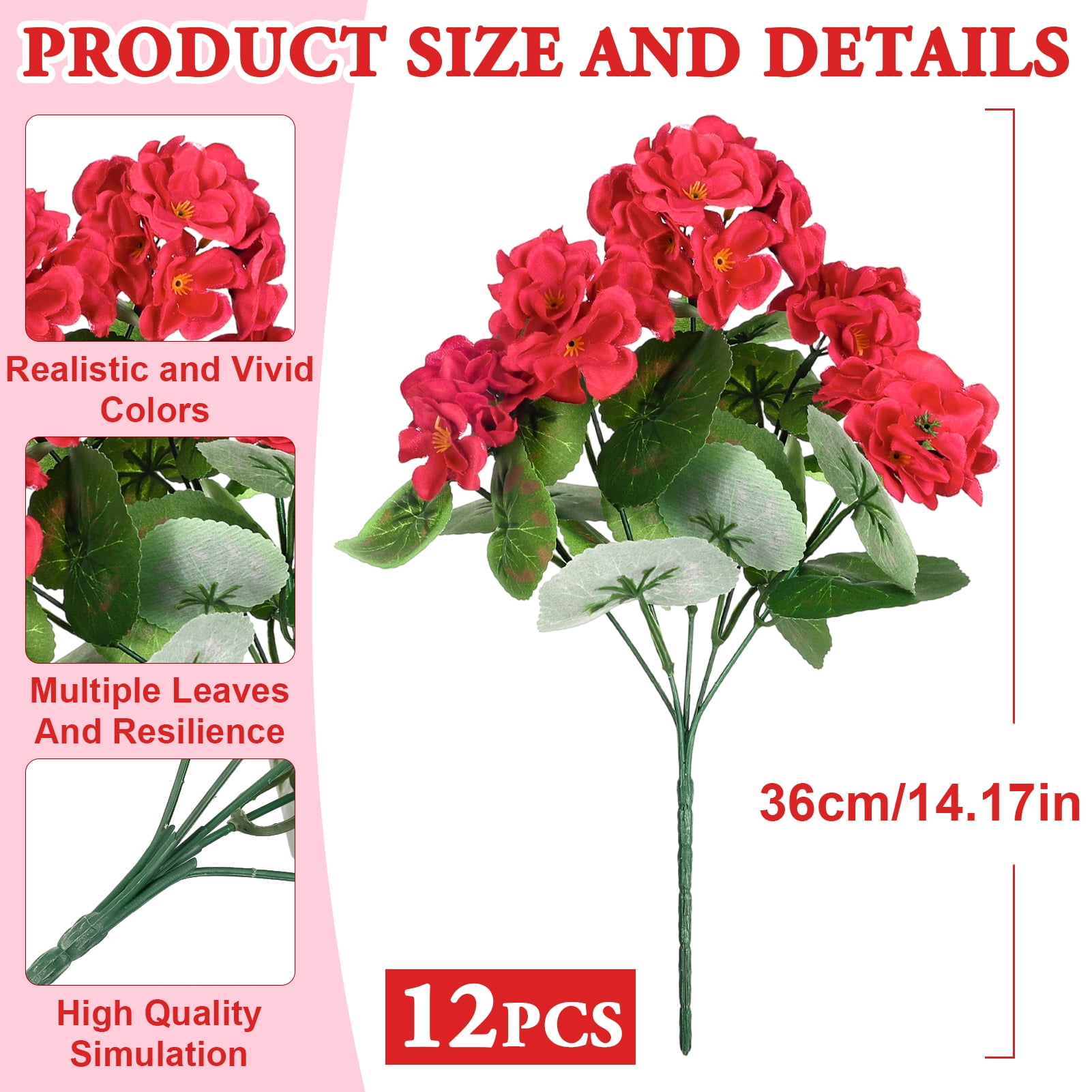 Armscye 12 Bundles  Artificial Geranium Flowers for Outdoors, Geranium Silk Red Flower, Outdoor UV Resistant Garden Plants Faux Flowers for Home Kitchen Table Centerpieces Decor