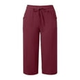 thumbnail image 4 of Tianiyouqing Linen Capri Drawstring Pants for Women Elastic Waist High Waisted Wide Leg Palazzo Cropped Trousers Petite Length Lightweight Gauze Pants with Pockets Wine L, 4 of 8