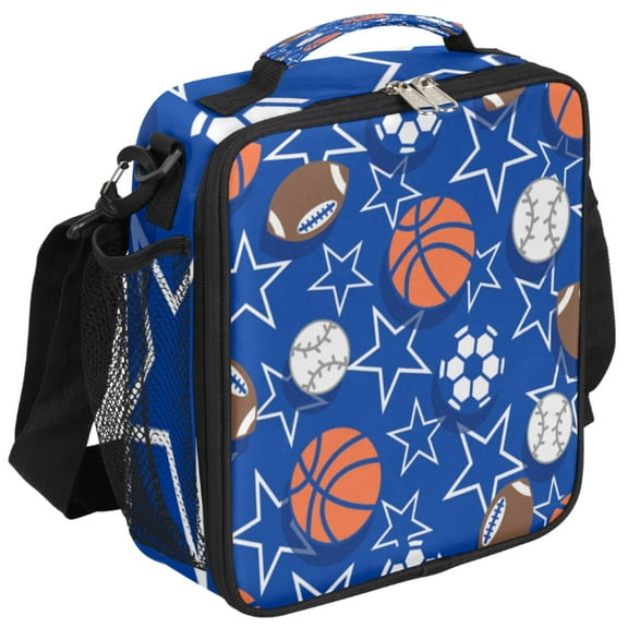 All - Star Multi - Sport Insulated Lunch Bag – Basketball, Football, Soccer & Baseball Prints, Adjustable Shoulder Strap with Soft Pad, Double Zippers, Side Mesh Pocket – Ideal for School Lunches