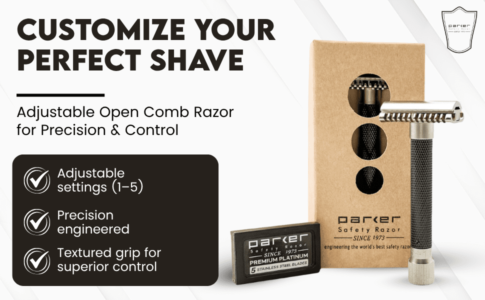 Parker THE VARIANT OPEN COMB - ADJUSTABLE Double Edge Safety Razor, Customize your Shave with a Turn of the Dial from Mild to Aggressive - 5 Blades Included (Graphite Gray)