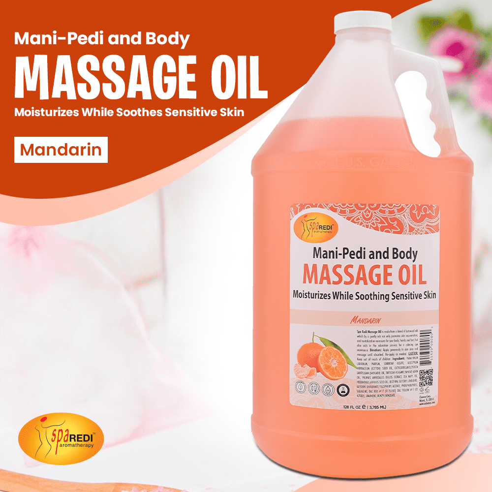 SPA REDI - Massage Oil, Mandarin, 128 Oz - Professional Full Body Massage Therapy, Made with Almond Oil, Cotton Seed Oil, Sunflower Oil, Avocado Oil, Essential Oils and Vitamin E
