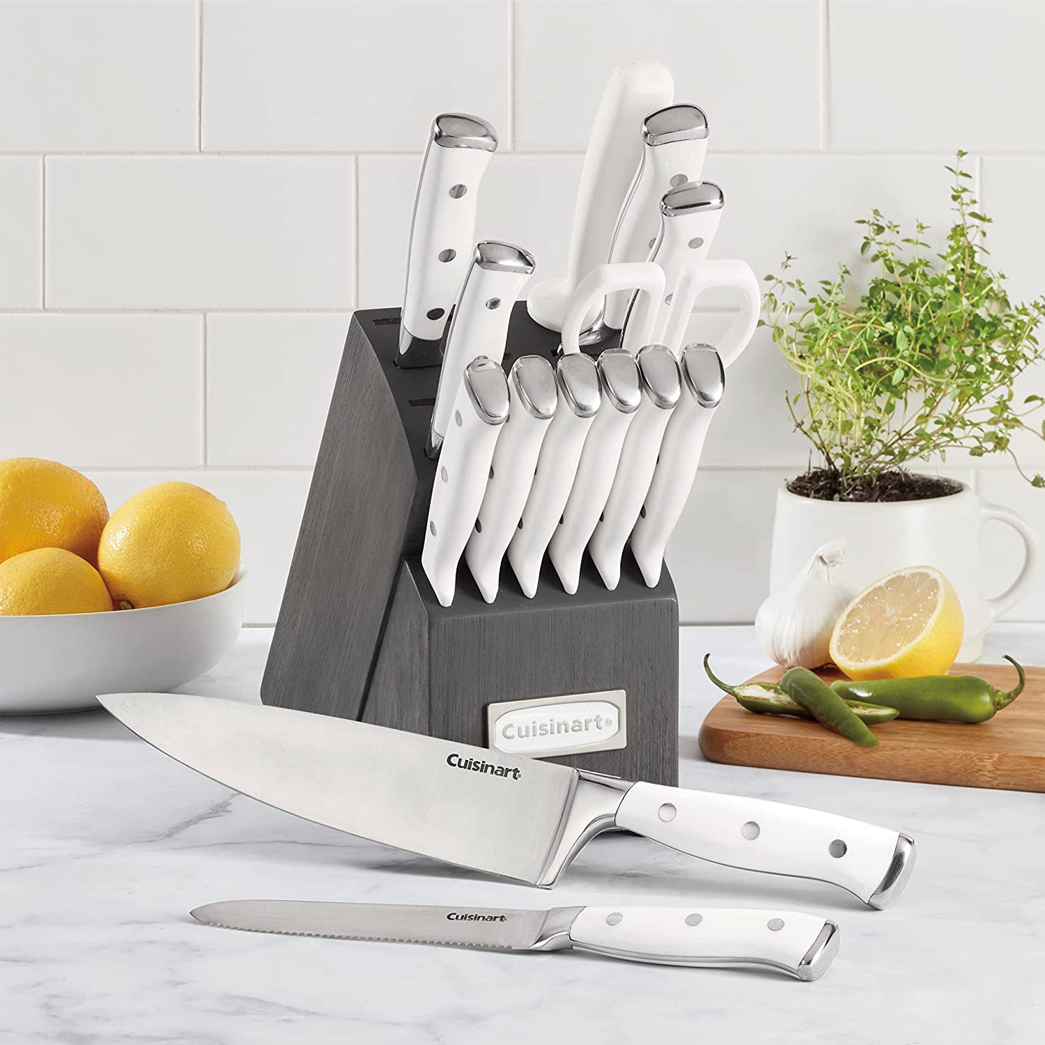 Cuisinart Classic Forged Triple Rivet 15-Piece Cutlery Set with Block,  White and Stainless, C77WTR-15P