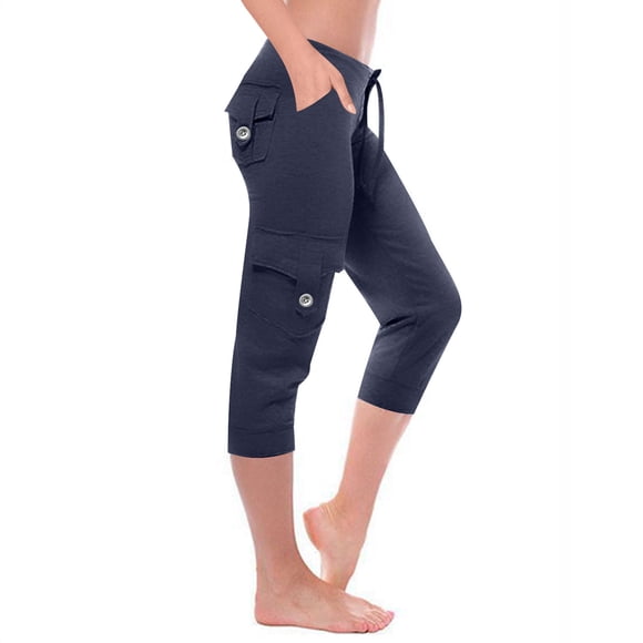 Fartey Pantalon Capri Cargo Décontracté pour Femme, Extensible, à Cordon, Taille Basse, Leggings Légers de Détente, Couleur Unie, Pantalon Court avec Poches