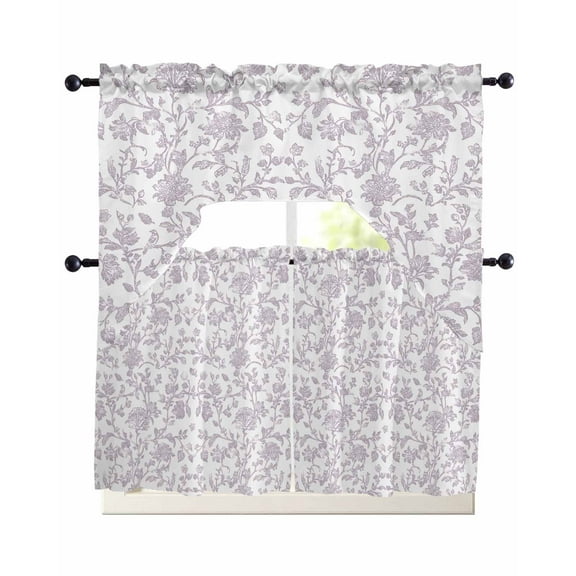 Spring Flower Kitchen Curtains Sets 24 Inch Length with Valance, Vintage Farmhouse Light Purple Boho Leaf Swag Valances and Tiers Curtain Set Drapes Swag Curtains for Living Room, Bathroom, Bedroom