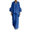 thumbnail image 2 of BRELIL Women Plus Size Two Piece Set V Neck Ruffle Sleeve Shirt Wide Leg Pants Casual Summer Loungewear Solid Boho Vacation Outfits Tracksuit Loose 2 Piece, Blue 4XL, 2 of 5