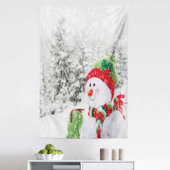 Christmas Tapestry, Snowman in a Snowy Woodland Holiday Themed Arrangement Winter Season Print, Fabric Wall Hanging Decor for Bedroom Living Room Dorm, 5 Sizes, White and Red, by Ambesonne