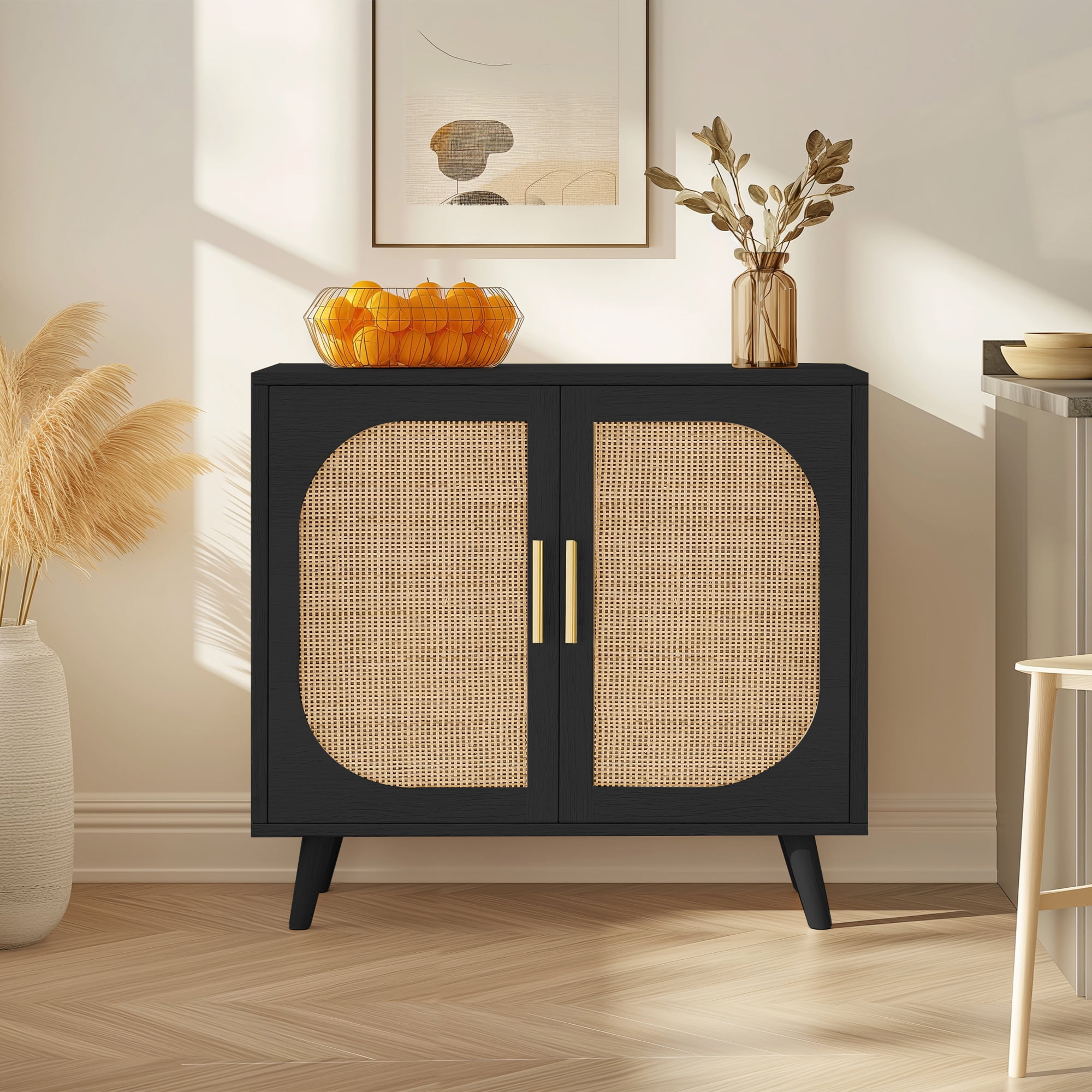 Aukfa Sideboard Cabinet with Rattan Doors, Accent Storage Cabinet,Black
