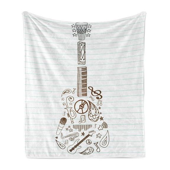 Music Soft Flannel Fleece Throw Blanket, Instruments Microphone Tambourine Volume Symbol Trumpet Notebook Print, Cozy Plush for Indoor and Outdoor Use, 50" x 70", White Chocolate, by Ambesonne