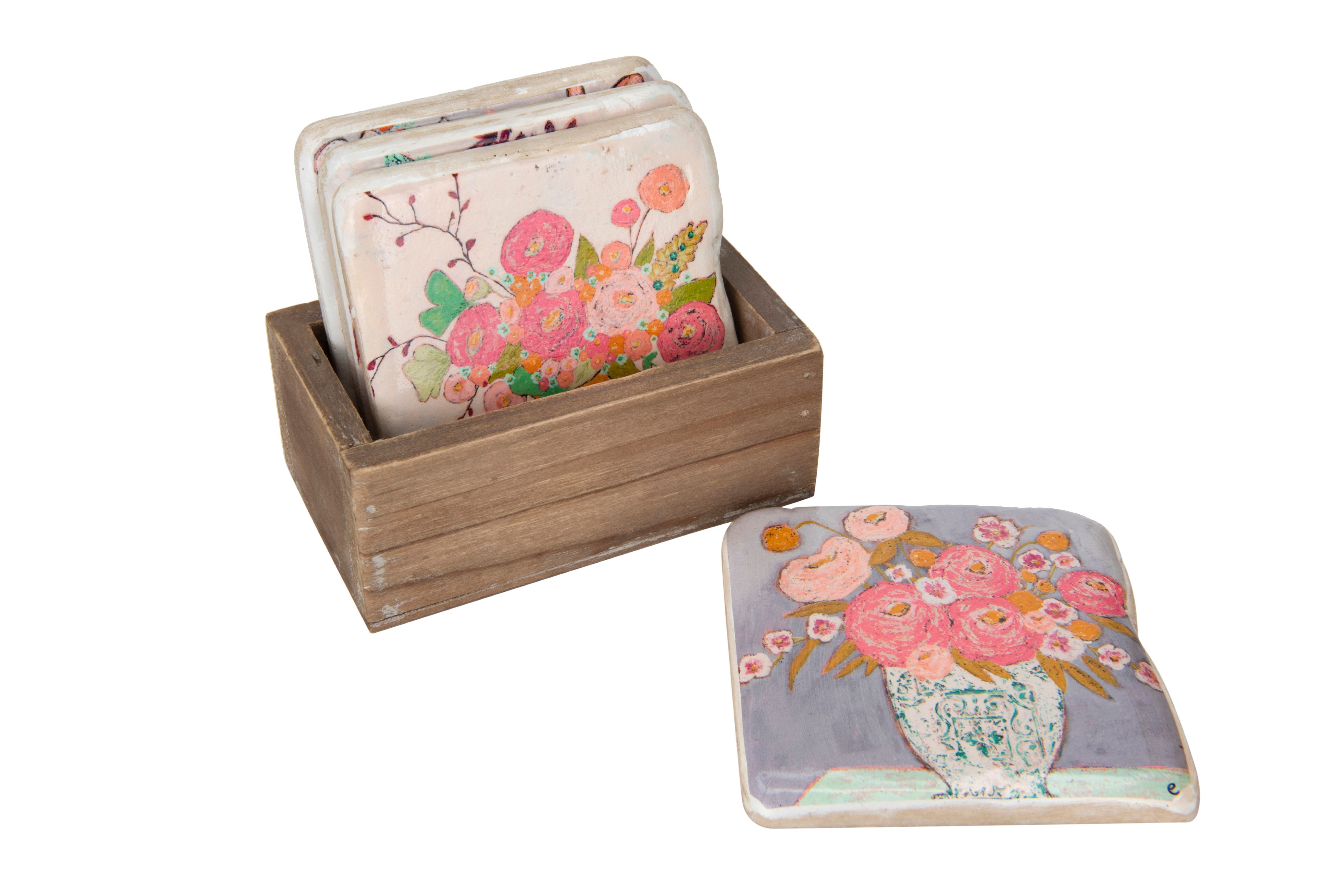 Creative CoOp Resin Floral Coasters in Wood Holder (Set of 4 Coasters)