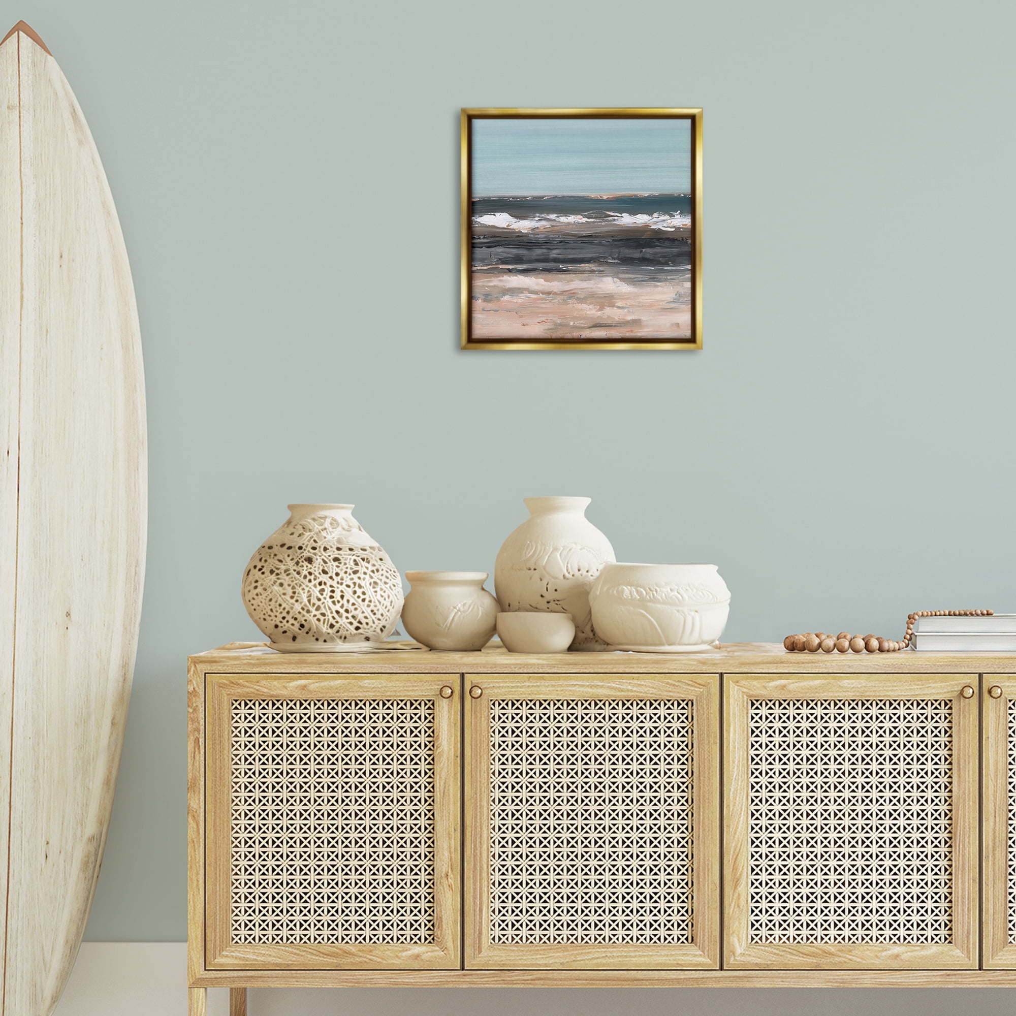 Stupell Industries Gloomy Traditional Beach Landscape & Nature Painting Gold Floater Framed Canvas Art Print Wall Art, 18 x 18
