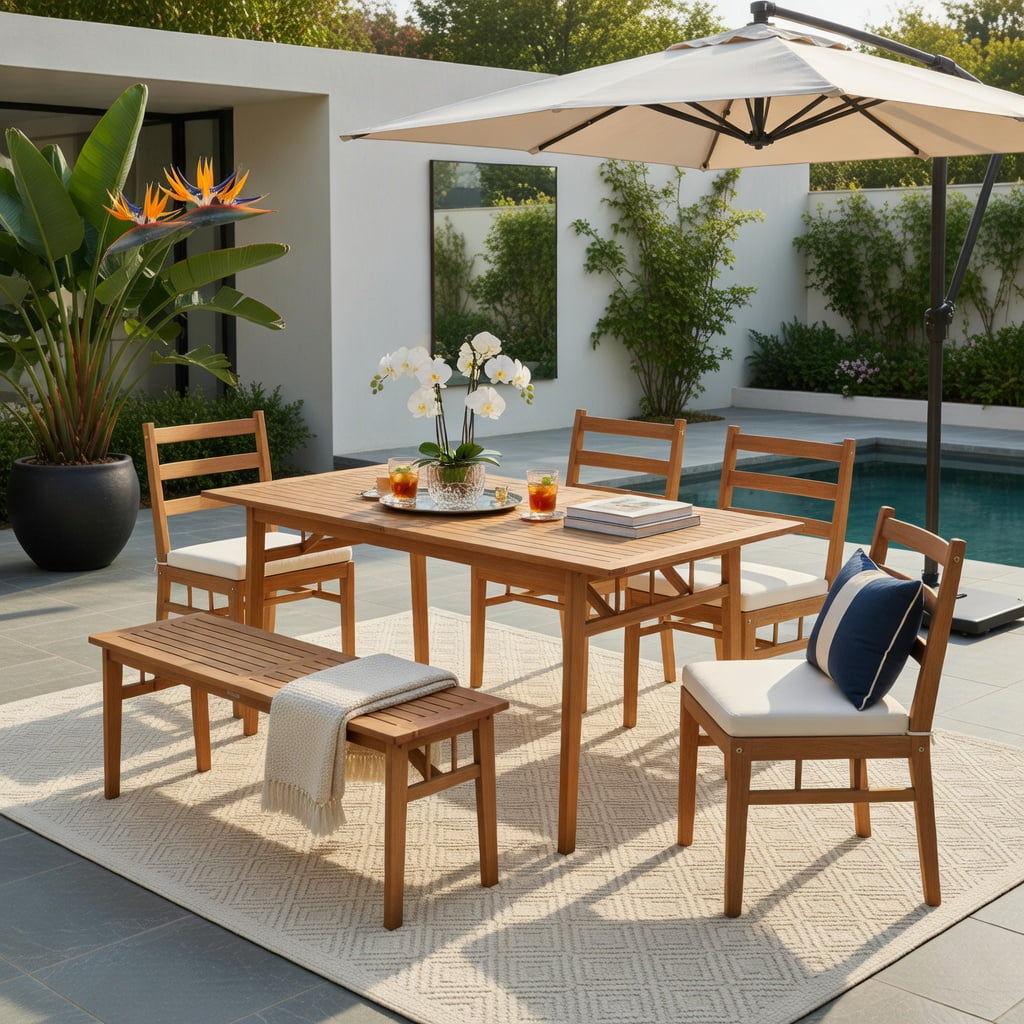Hommoo 2-Piece Acacia Wood Outdoor Patio Dining Chairs Set, Natural Wood Frame with Removable Cushions, Weather-Resistant Armless Chairs for Deck, Porch & Garden, White
