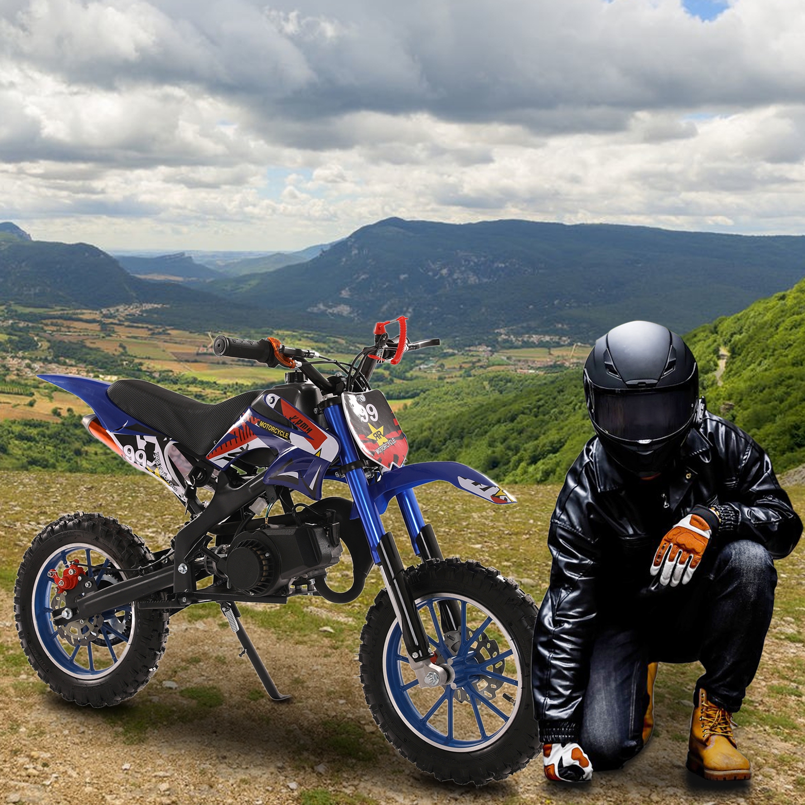 WETLA 49cc Kids Dirt Bike Gas Powered, 40KM/H Mini Motorcycle with 10-Inch Off-Road Tires, 150kg Load Capacity, 2-Stroke Engine Motocross Bike(Blue)