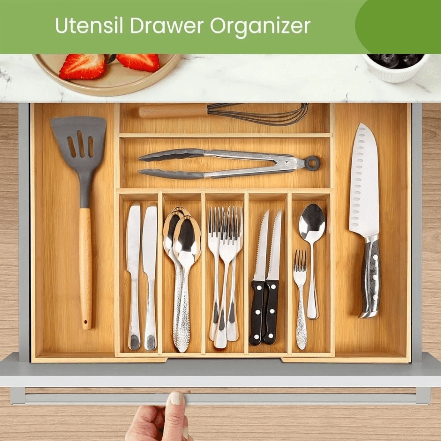 Luxury Bamboo Kitchen Drawer Organizer - Silverware Organizer, Utensil Holder & Cutlery Tray Drawer Dividers for Flatware (9 Slot, Natural)