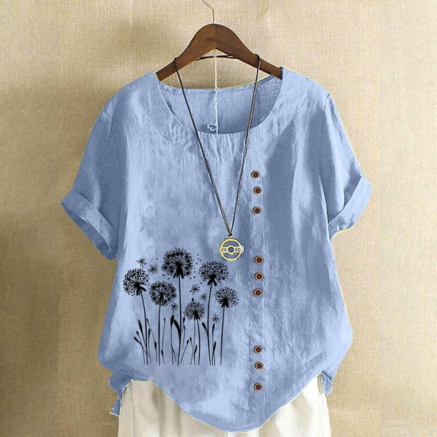 TaTaai Women's Everyday Casual Blouse, Linen Feel Round Neck T-Shirt, Short Sleeve Comfortable Top for All Occasions Gift