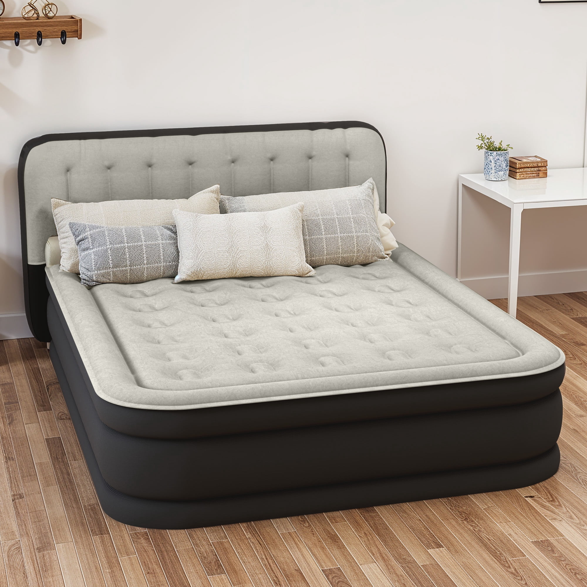 Uforic 18" Queen Air Mattress with Built-in Pump, Flocked Top Inflatable Bed with Banded Headboard for Home, Camping & Guests, Black