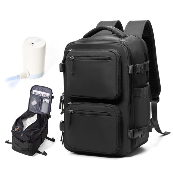 Travel Vacuum Seal Backpack with Compression for Women, Personal Item Bag United Airlines Approved, Waterproof Backpack with Air Pump, Backpack Airbag Mochila Bolso de Compression, Black