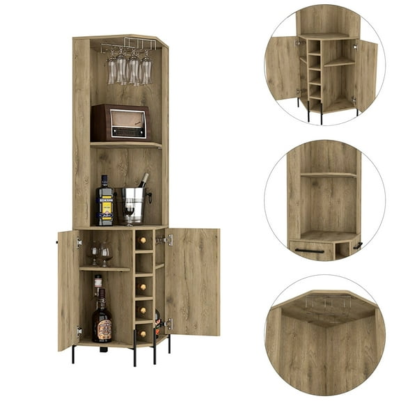 69.18 In. High Corner Bar Cabinet In Oak With Two Shelves Open Stylish Design For Entertaining Guests