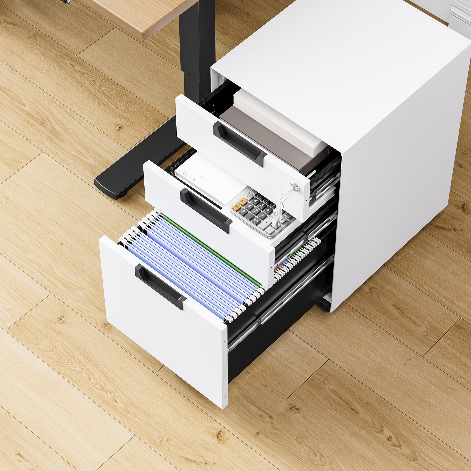 Fesbos Metal Mobile File Cabinet with Lock, 3 Drawer Rolling Filing Cabinets for Home Office, Fully Assembled, White, 23.6"H*17.32"D* 14.6"W, Fits Letter/Legal/A4 Size Files