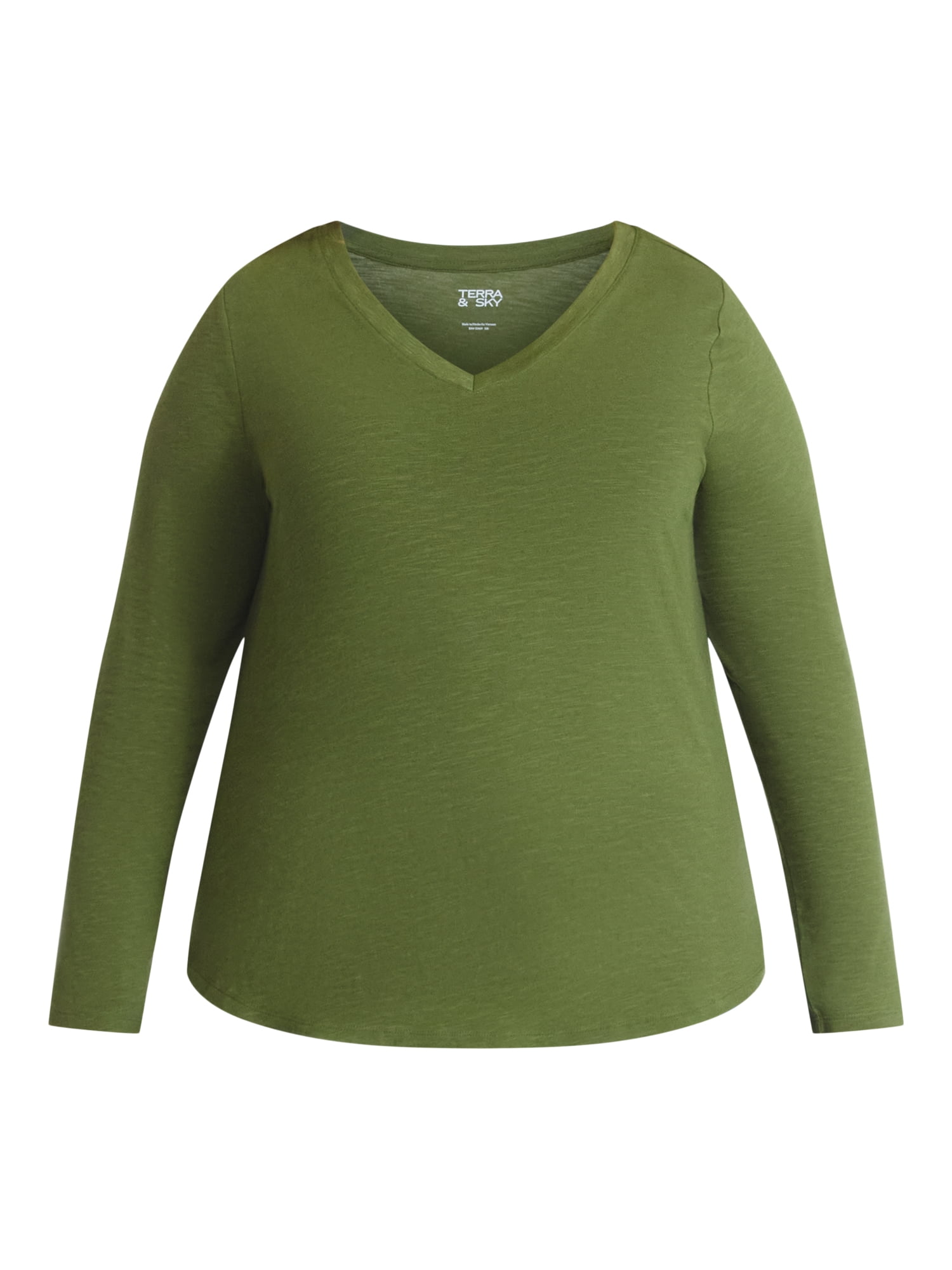 Terra & Sky Women's Plus Size V-Neck Tee with Long Sleeves, Sizes 0X-5X