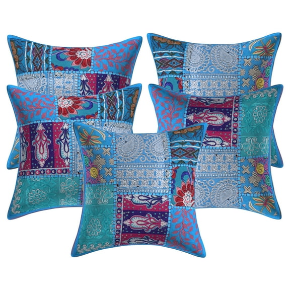 Stylo Culture Ethnic Cotton Home Decor Throw Pillow Covers Turquoise 12 x 12 Bohemian Vintage Patchwork Ethnic Sofa Cushion Covers 30x30 cm Living Room Abstract Square Pillow Cases | Set Of 5