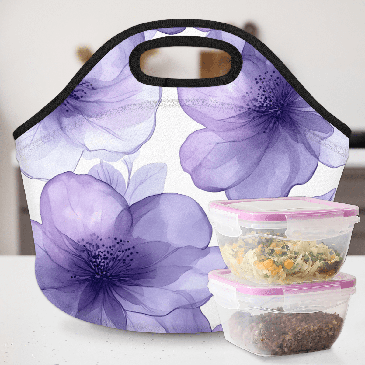 Herdesigns Purple Insulated Lunch Bag Neoprene Lunch Box for Women Men Soft Cooler Bag Floral Washable Lunch Tote for Work Outdoor Picnic