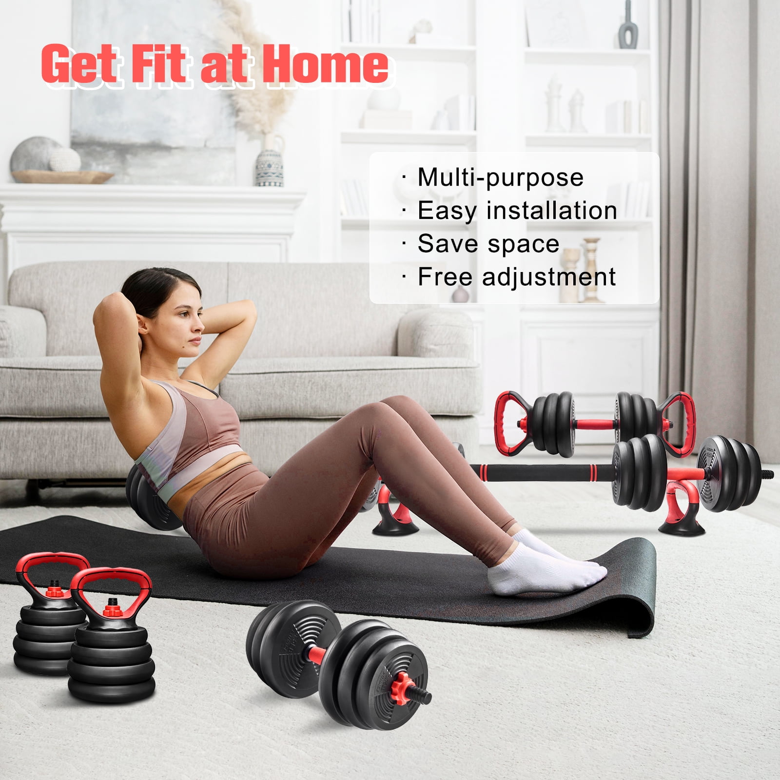 Pithage Adjustable Weight Dumbbell Set Used as Barbell Kettlebell for Home Gym Fitness, Black