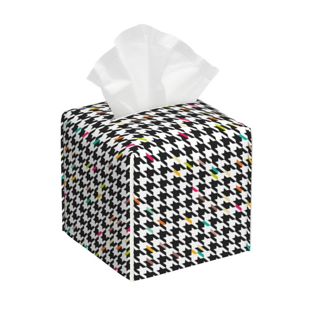 Fotbe Black And White Houndstooth Porta Pañuelos Decorativo de Cuero, Caja Cuadrada Moderna para Pañuelos Faciales, Organizador y Dispensador 5x5x5''