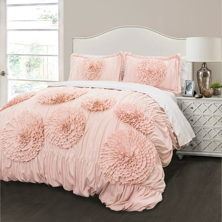 u0022Lush Decor Serena Textured Ruffle Detail Comforter, Full/Queen, Pink Blush, 3-Pc Setu0022