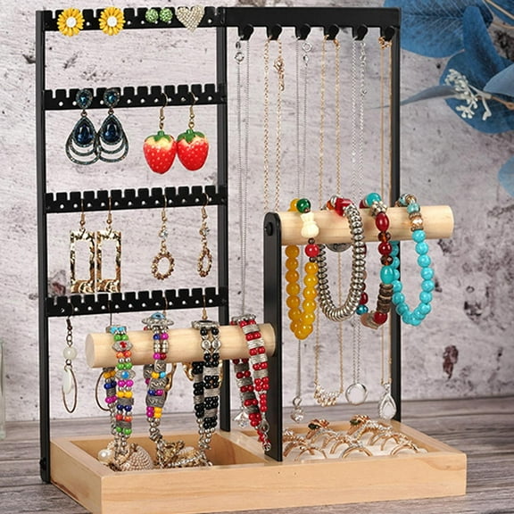 with Wood Base Jewelry Organizer Stand Holder Bracelet Display Holder Earrings Organizer Jewelry Hooks Desktop Jewelry Stand Bedroom