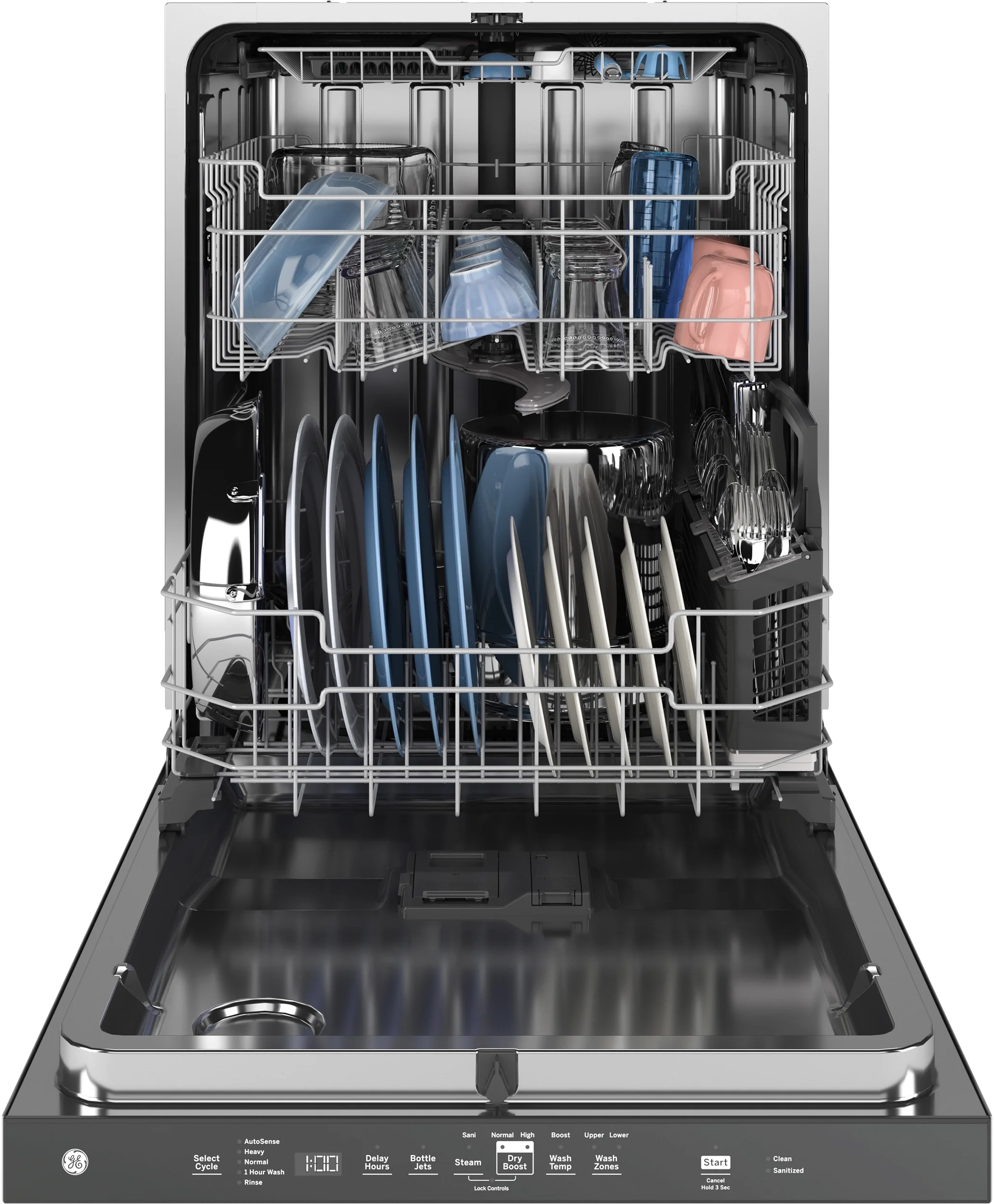 GE Top Control with Stainless Steel Interior Dishwasher with Sanitize Cycle GDP670SGVWW