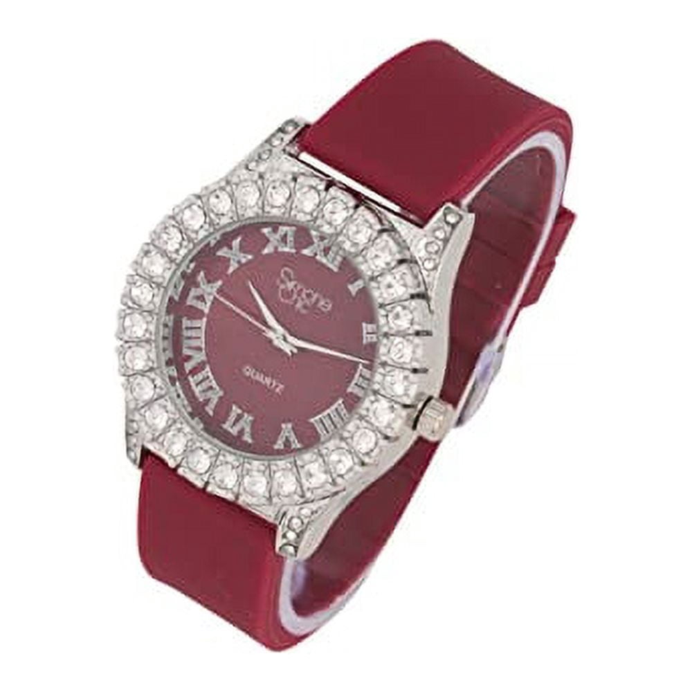 Simone Chic. Women's Big Rocks Fully Iced Bezel Colored Dial w/Easy Reader Roman Numerals Colorful Rubber Band Watch - ST10357LA (4pcSet SLV Plum Purple)