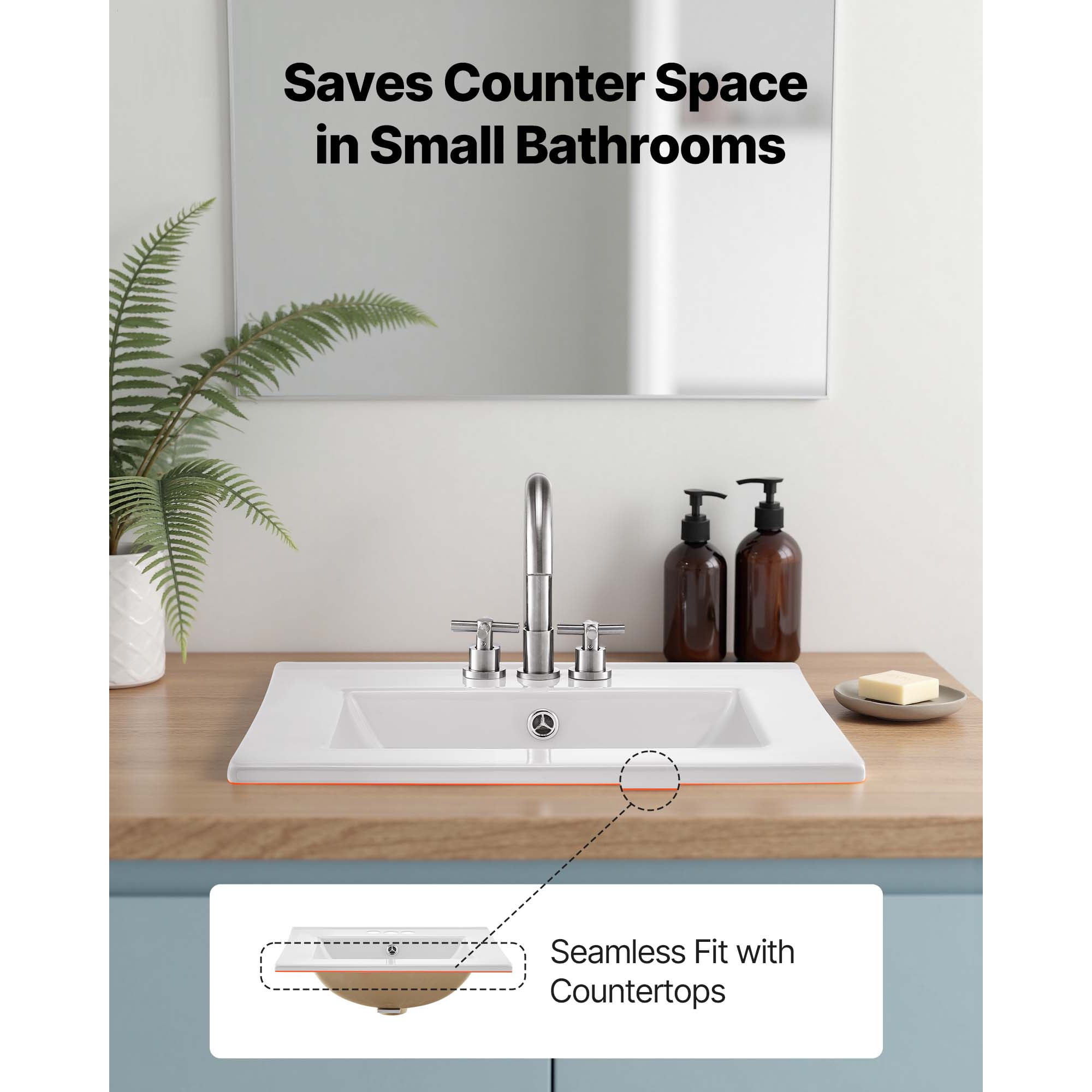KFFKFF Rectangular Semi-Recessed Bathroom Sink, 20.08 x 18.31 Inch White Ceramic Basin with Overflow and 3 Pre-Drilled Faucet Holes, Drop-In Design for Modern Vanity or Small Bathroom Spaces