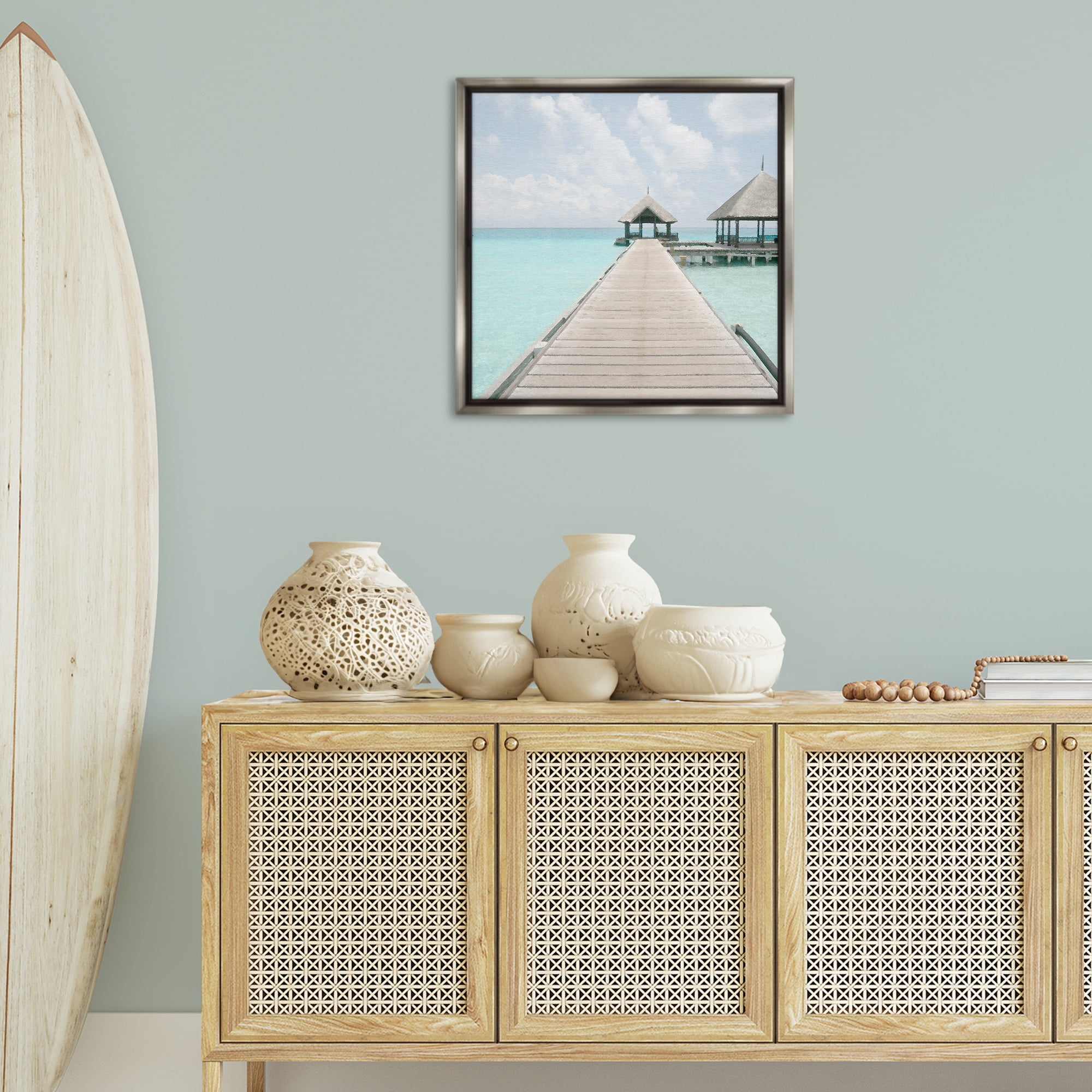 Stupell Industries Tropical Long Pier Coastal Photography Gray Floater Framed Canvas Art Print Wall Art, 25 x 25
