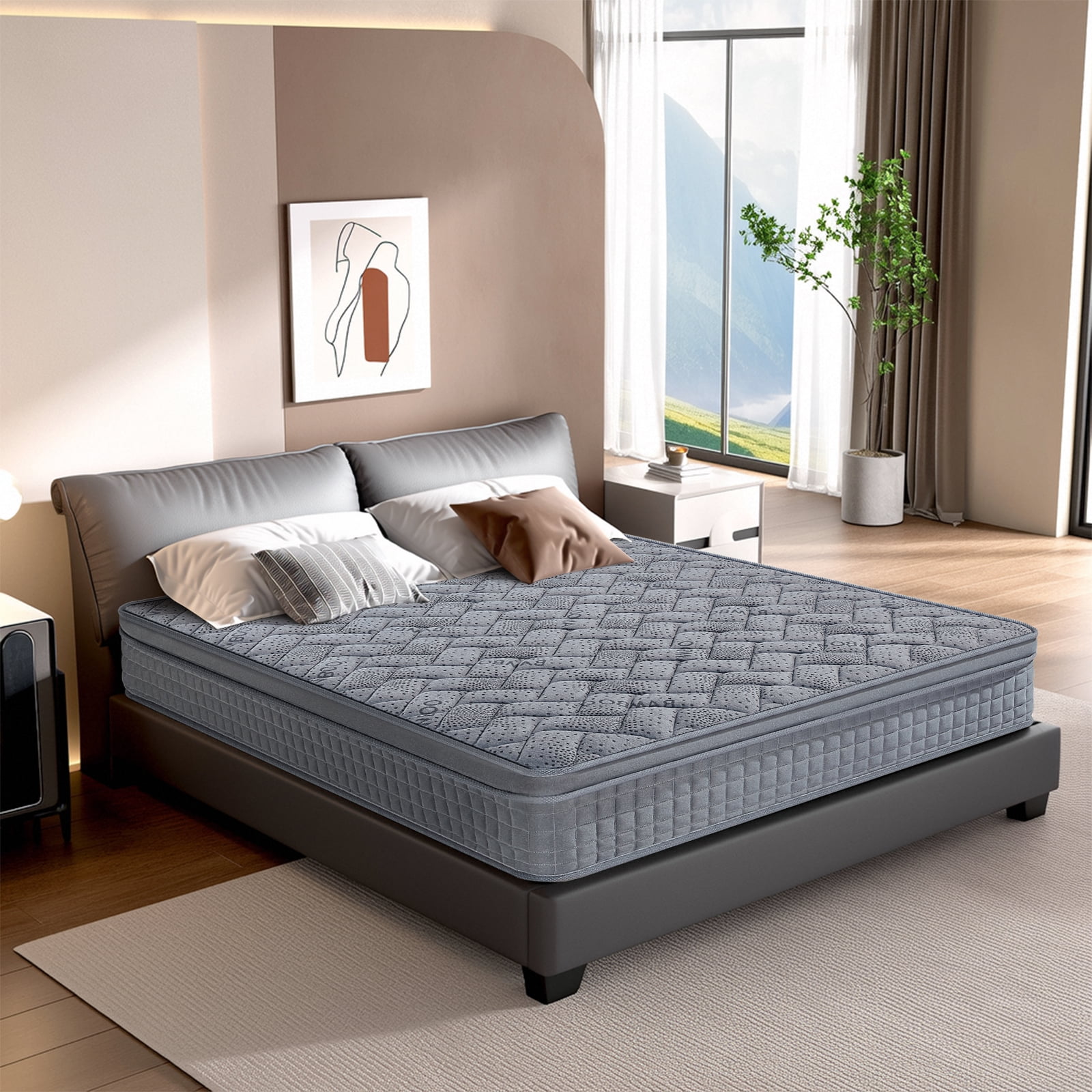 Twin Mattress, 12 Inch Hybrid Mattresses Grey, Euro Top Mattress Medium Firm for Back & Lumbar Support, Individual Pocket Spring Bed for Motion Isolation & Pressure Relief