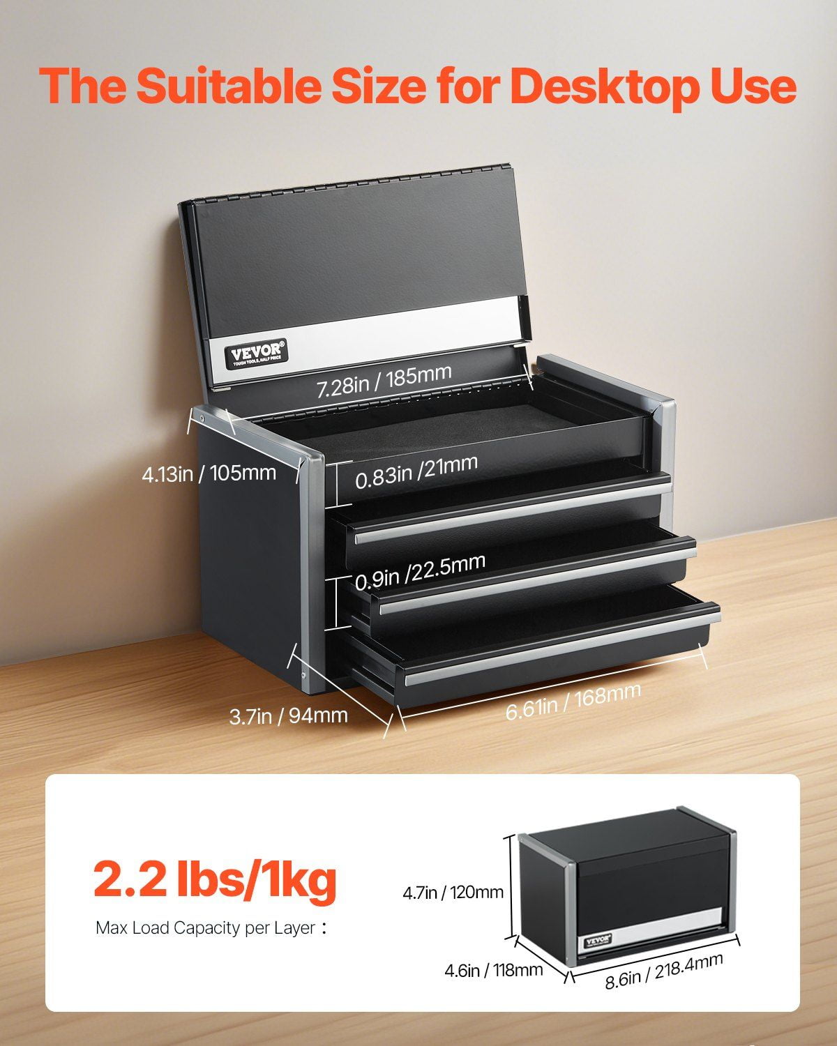 Tool Box 8.6-inch Portable Metal Tool Box with 3 Drawers Tool Organizer Black