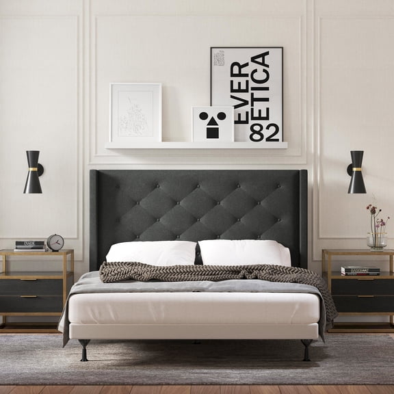 Huppe Button Tufted MCM Wingback Upholstered Headboard, Gray, Full/Queen