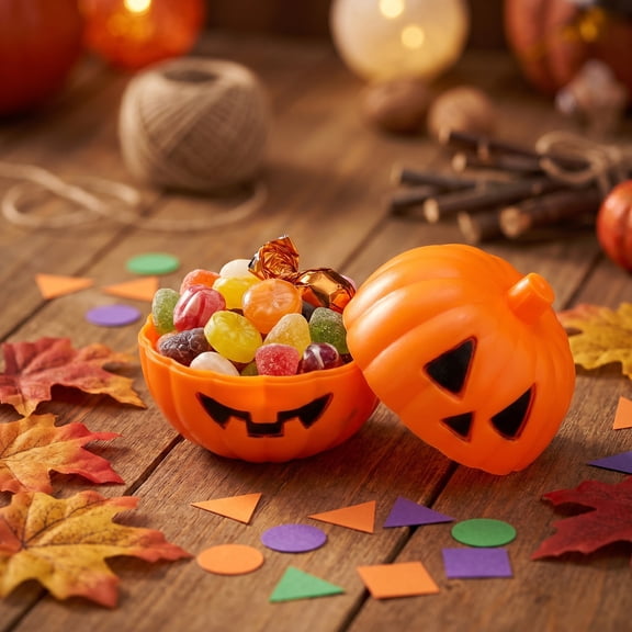 BiFandian Plastic Jack-O Lantern Candy Container, Halloween Pumpkin Treat Box with Lid, Mini Pumpkin Trick Or Treat Candy Bucket, Halloween Tabletop Decoration Indoor