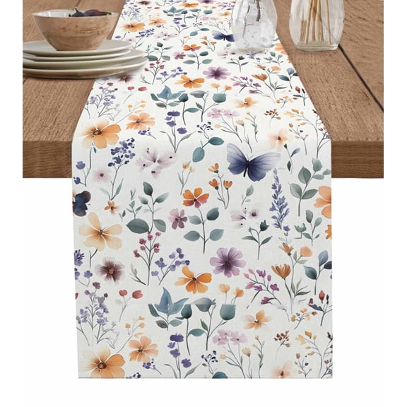 Spring Flowers Table Runner 70 Inches, Watercolor Country Floral Herbs Butterfly Bed Runner Dresser Scarves Tabletop for Indoor Outdoor Parties/Ceremony/Banquet, 13" x 70"