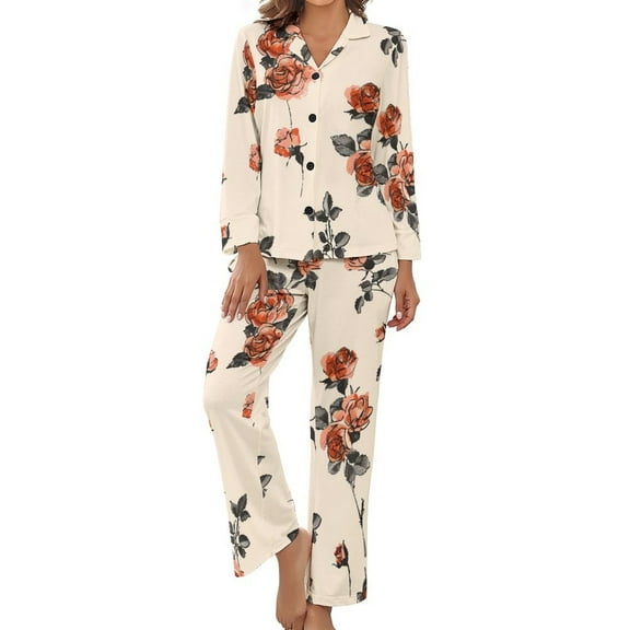 PoBuds Women's Long Sleeve Flannel Pajama Set Sleepwear Rose Pattern S