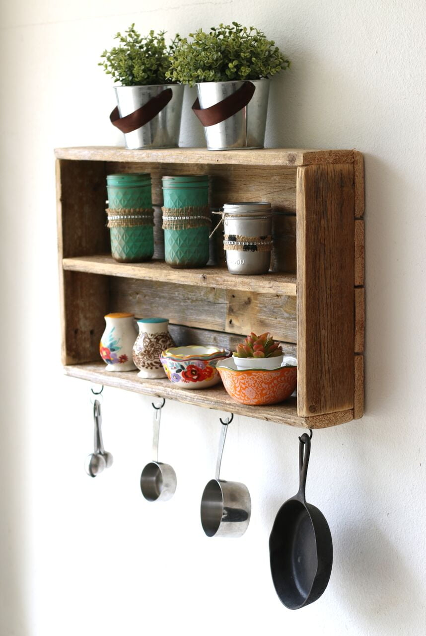 Kitchen or Bathroom Farmhouse Rustic Décor Decorative Wall Shelf Organizer- Rustic White Vintage Wall Shelves with Two Double Iron Hooks & 2-Tier Storage Rack Rustic Wall Mounted Shelves