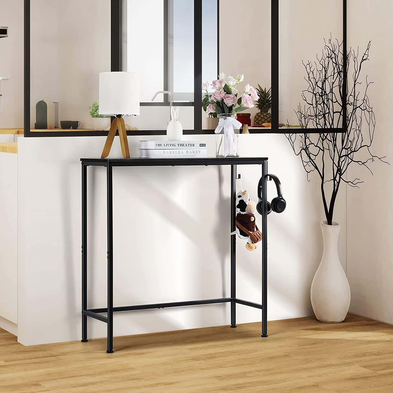 Narrow Console Entryway Table with Hooks, Black