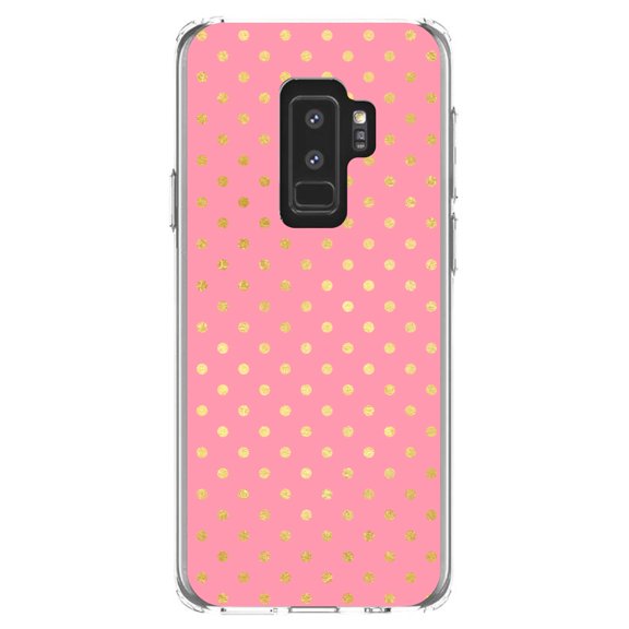 DistinctInk Clear Shockproof Hybrid Case for Samsung Galaxy S9  PLUS (6.2" Screen) - TPU Bumper, Acrylic Back, Tempered Glass Screen Protector - Pink & Gold Polka Dot Pattern