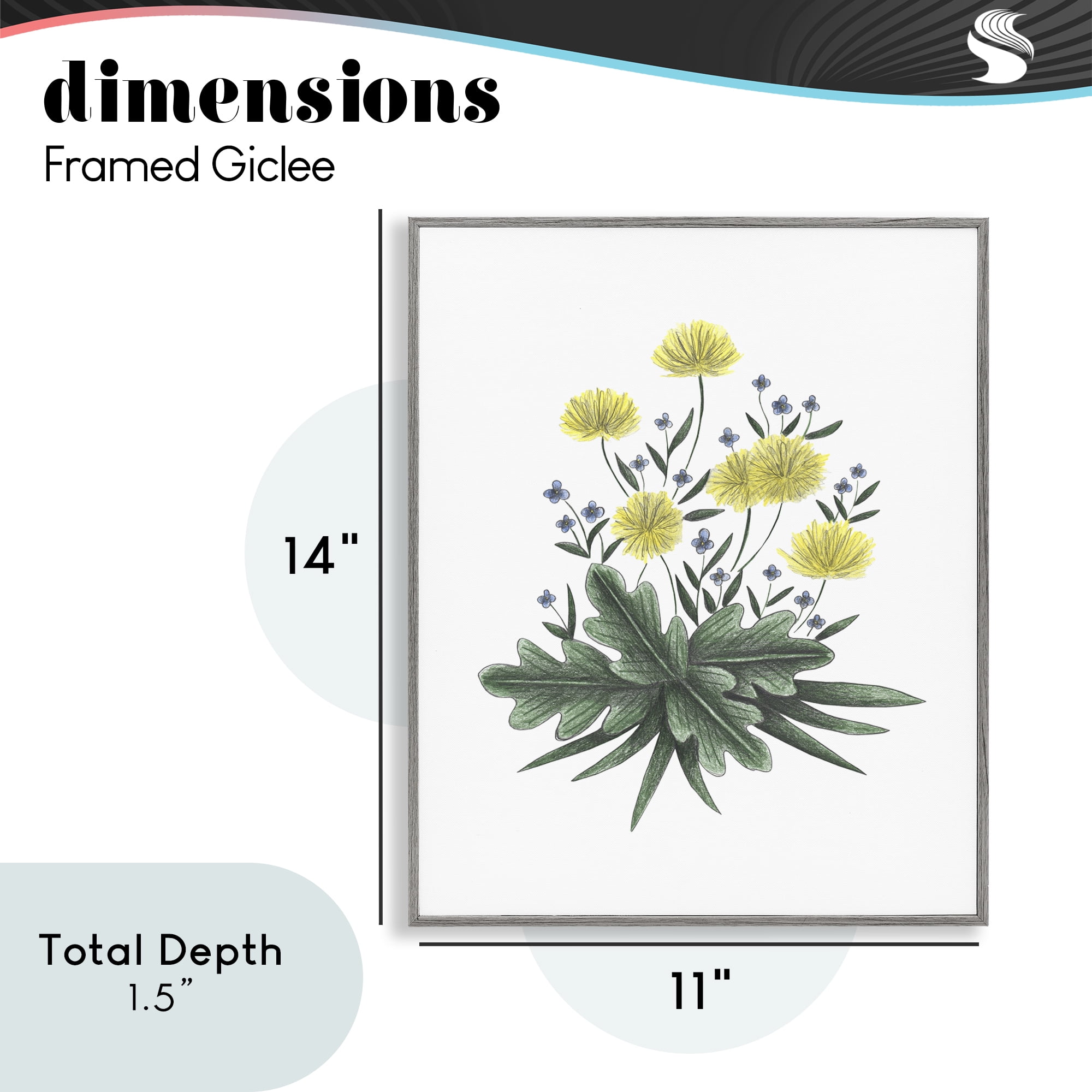 Dandelion Flower Illustration Gray Framed Giclee Art, design by Cecilia Battaini