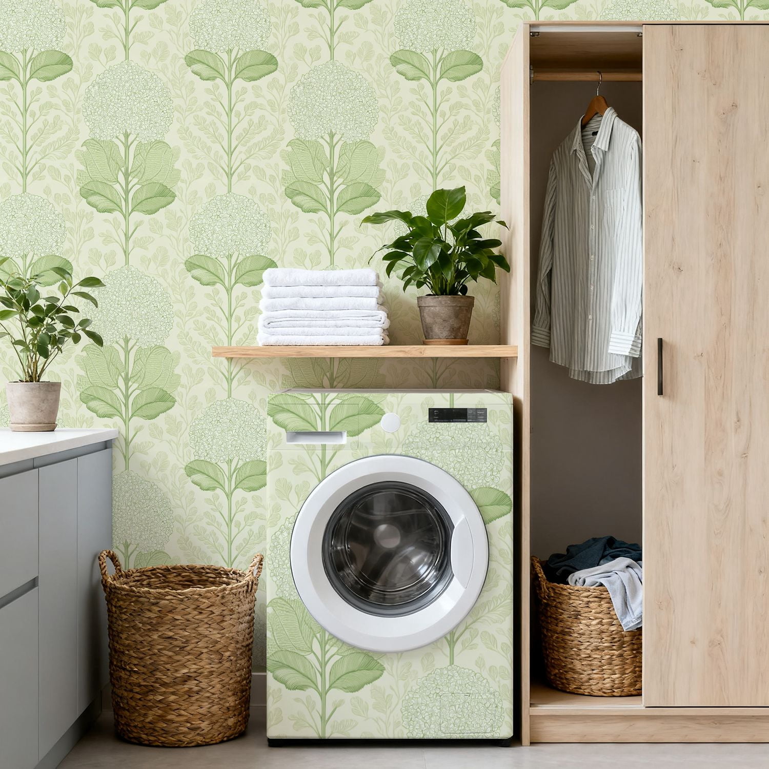 Sage Green Peel and Stick Wallpaper Green Botanical Floral Hydrangea Blossoms Leaves Wall Mural 17.7in x 9.8ft Self Adhesive Removable Wall Paper Renter Friendly Wallpaper for Girls Bedroom