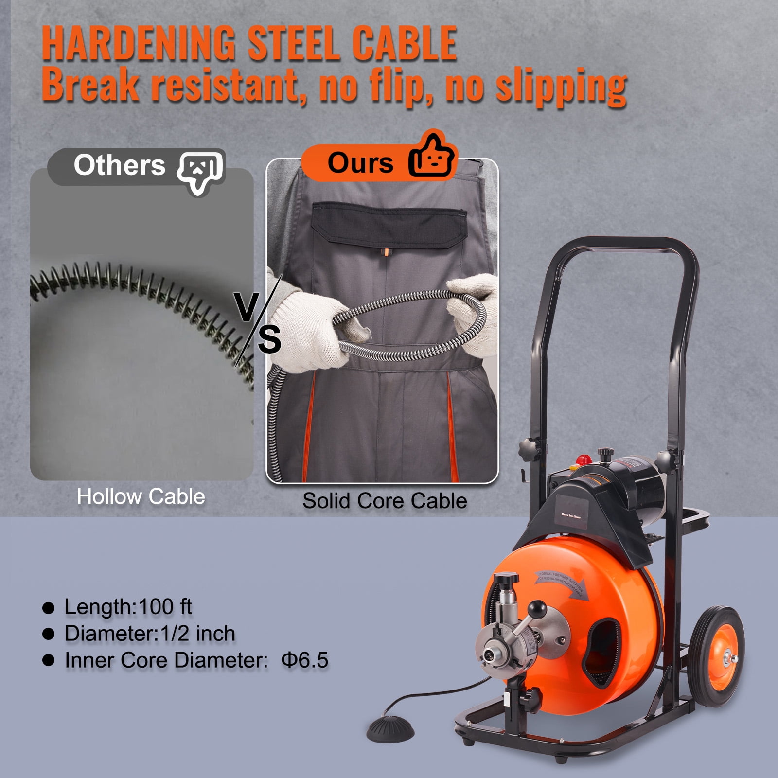 BENTISM Drain Cleaner Machine 100 FT x 1/2 " , Sewer Auger Auto Feed with 4 Cutter & Air-activated Foot Switch for 1" to 4" Pipes, Orange, Black