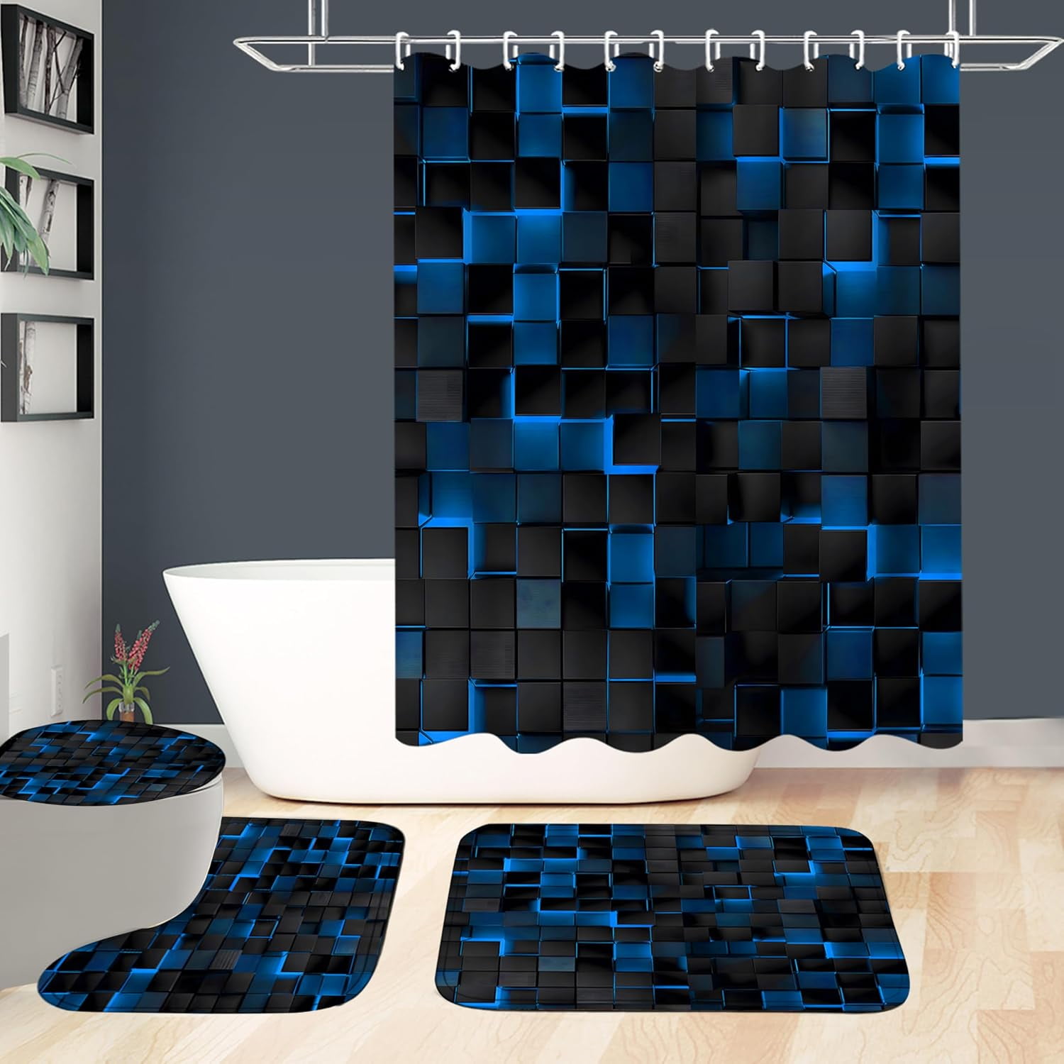 4Pcs Blue Shower Curtain Set 3D Cubes Bathroom Sets Modern Shower Curtain Set for Bathroom Sets with Rugs Black and Blue Shower Curtain with 12 Hooks