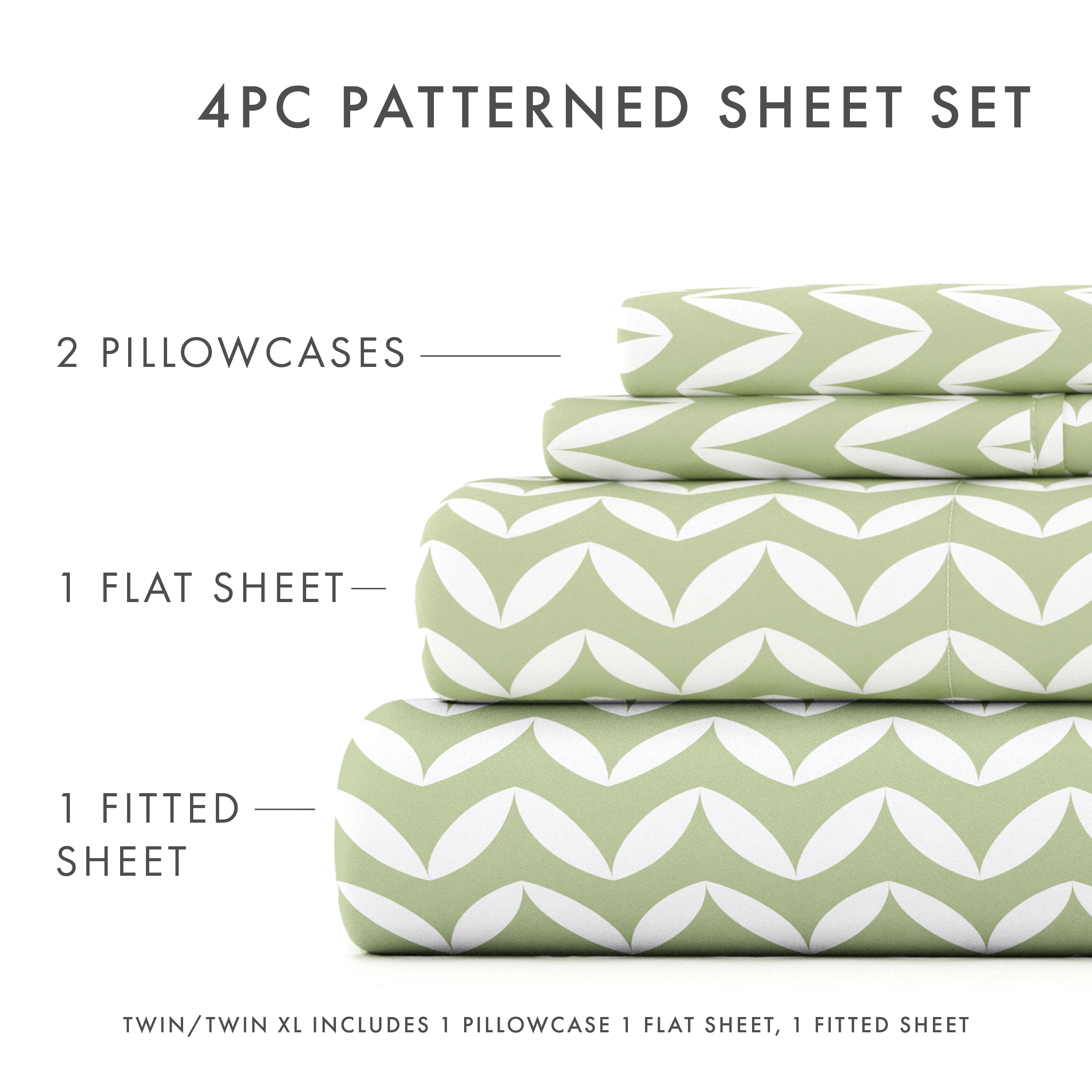 Noble Linens 4 Piece Pattern Microfiber Bed Sheets Set, Sage Puffed Chevron, California King