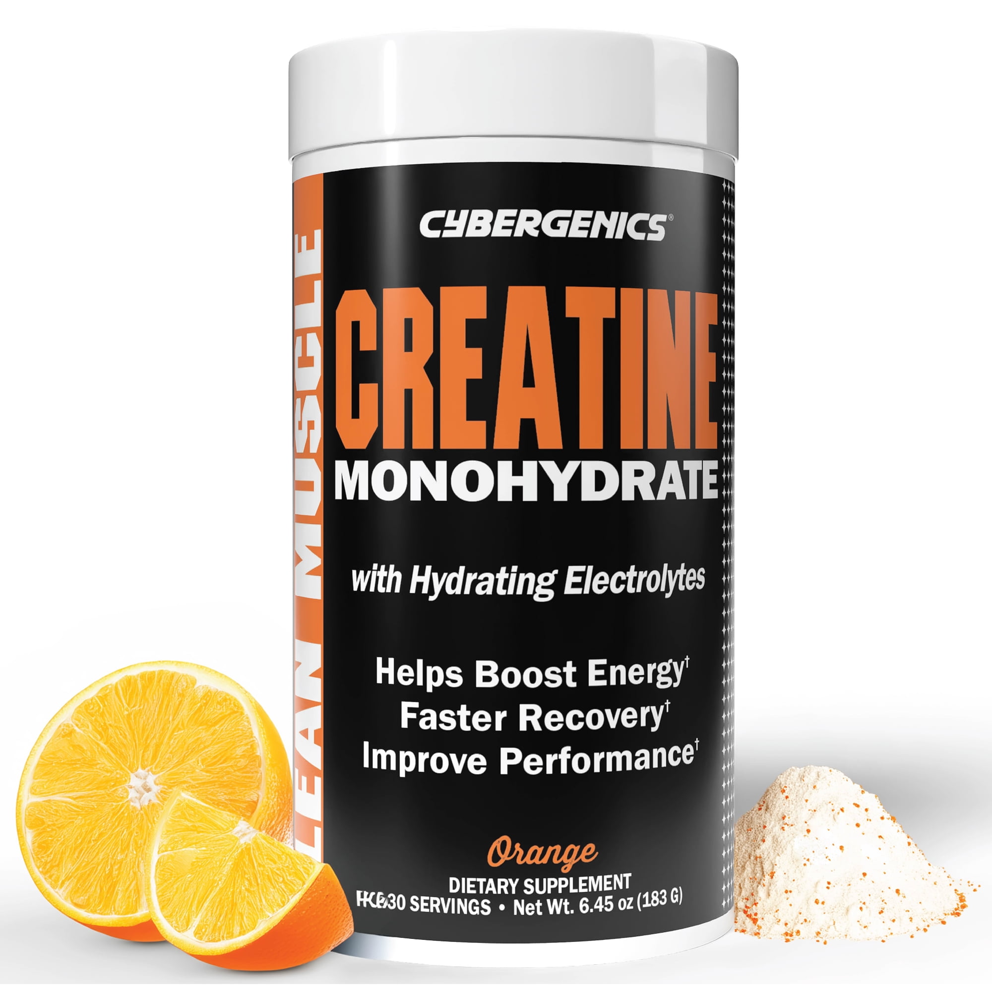 Cybergenics Creatine Monohydrate Powder, Pure Creatine, 5 grams Creatine per Serving, Supports Muscle Recovery, Improve Performance and Strength, Gluten Free, 6.45 oz, 30 Servings, Orange Flavor