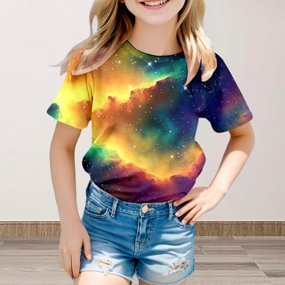Toddler Girl's Short Sleeve Crew Neck Tops 3D Galaxy Print T Shirt Top Size 3-4T ,Bronze